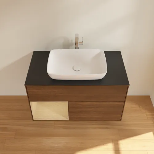 Bild von VILLEROY BOCH Finion Waschbeckenunterschrank, mit Beleuchtung, 2 Auszüge, 1000 x 603 x 501 mm, Walnut Veneer / Oak Veneer / Glass Black Matt #F772PCGN