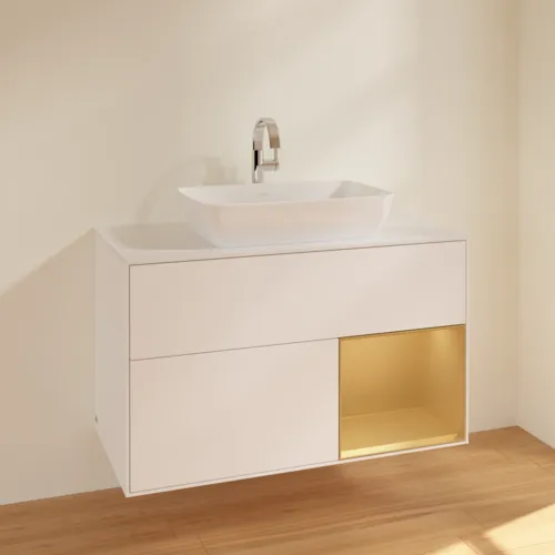 VILLEROY BOCH Finion Waschbeckenunterschrank, mit Beleuchtung, 2 Auszüge, 1000 x 603 x 501 mm, White Matt Lacquer / Gold Matt Lacquer / Glass White Matt #F781HFMT, Bild 2