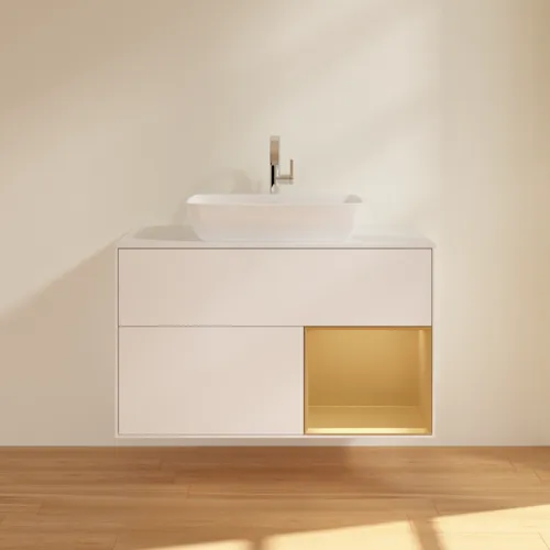 VILLEROY BOCH Finion Waschbeckenunterschrank, mit Beleuchtung, 2 Auszüge, 1000 x 603 x 501 mm, White Matt Lacquer / Gold Matt Lacquer / Glass White Matt #F781HFMT, Bild 3