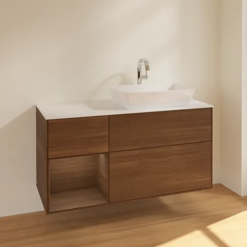 Bild von VILLEROY BOCH Finion Waschbeckenunterschrank, mit Beleuchtung, 3 Auszüge, 1200 x 603 x 501 mm, Walnut Veneer / Walnut Veneer / Glass White Matt #F801GNGN