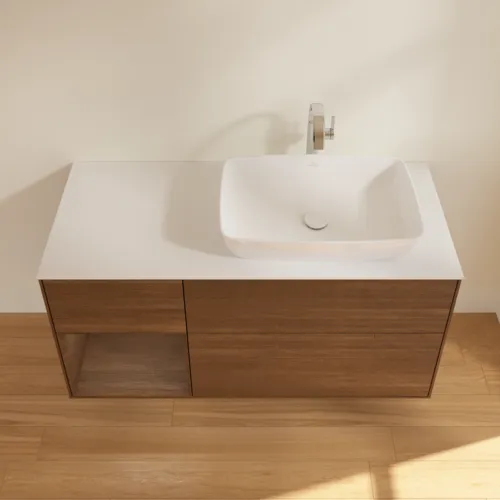 Bild von VILLEROY BOCH Finion Waschbeckenunterschrank, mit Beleuchtung, 3 Auszüge, 1200 x 603 x 501 mm, Walnut Veneer / Walnut Veneer / Glass White Matt #F801GNGN