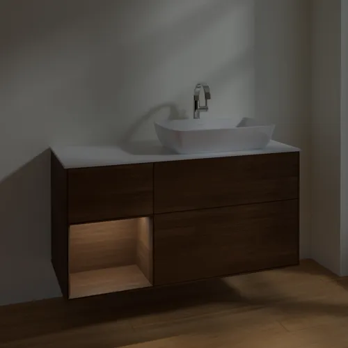 Bild von VILLEROY BOCH Finion Waschbeckenunterschrank, mit Beleuchtung, 3 Auszüge, 1200 x 603 x 501 mm, Walnut Veneer / Walnut Veneer / Glass White Matt #F801GNGN