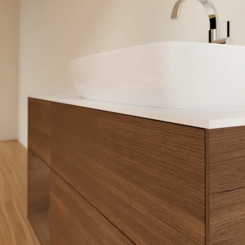 Bild von VILLEROY BOCH Finion Waschbeckenunterschrank, mit Beleuchtung, 3 Auszüge, 1200 x 603 x 501 mm, Walnut Veneer / Walnut Veneer / Glass White Matt #F801GNGN