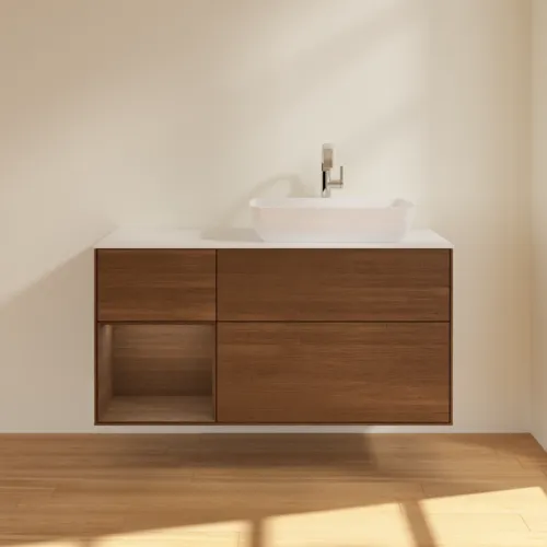 Bild von VILLEROY BOCH Finion Waschbeckenunterschrank, mit Beleuchtung, 3 Auszüge, 1200 x 603 x 501 mm, Walnut Veneer / Walnut Veneer / Glass White Matt #F801GNGN