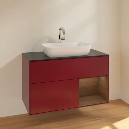 VILLEROY BOCH Finion Waschbeckenunterschrank, mit Beleuchtung, 2 Auszüge, 1000 x 603 x 501 mm, Peony Matt Lacquer / Walnut Veneer / Glass Black Matt #F782GNHB, Bild 2