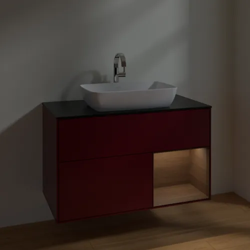 VILLEROY BOCH Finion Waschbeckenunterschrank, mit Beleuchtung, 2 Auszüge, 1000 x 603 x 501 mm, Peony Matt Lacquer / Walnut Veneer / Glass Black Matt #F782GNHB, Bild 5