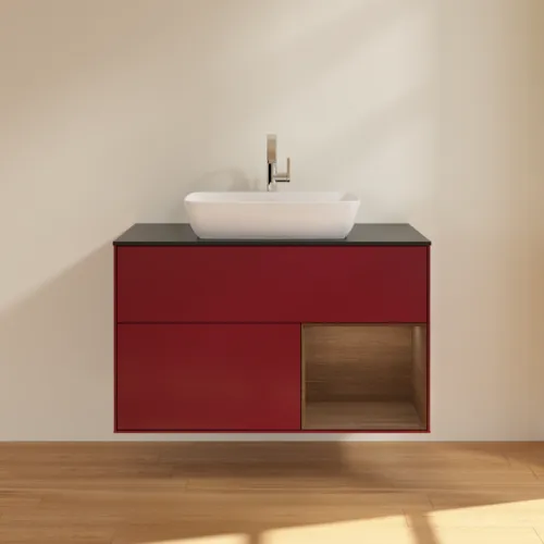 VILLEROY BOCH Finion Waschbeckenunterschrank, mit Beleuchtung, 2 Auszüge, 1000 x 603 x 501 mm, Peony Matt Lacquer / Walnut Veneer / Glass Black Matt #F782GNHB, Bild 3
