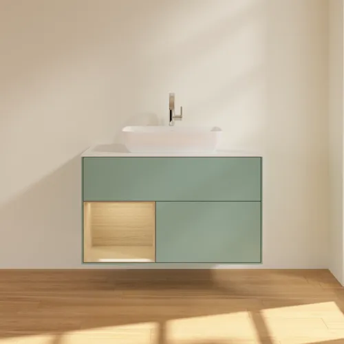 Bild von VILLEROY BOCH Finion Waschbeckenunterschrank, mit Beleuchtung, 2 Auszüge, 1000 x 603 x 501 mm, Olive Matt Lacquer / Oak Veneer / Glass White Matt #F771PCGM