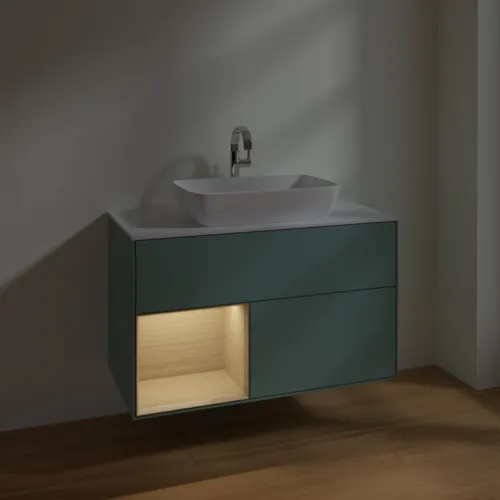 Bild von VILLEROY BOCH Finion Waschbeckenunterschrank, mit Beleuchtung, 2 Auszüge, 1000 x 603 x 501 mm, Olive Matt Lacquer / Oak Veneer / Glass White Matt #F771PCGM