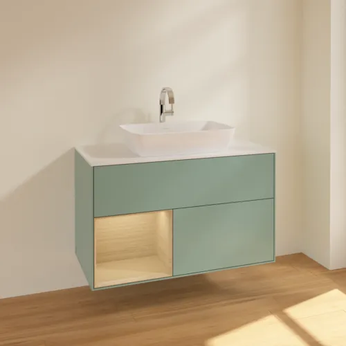 Bild von VILLEROY BOCH Finion Waschbeckenunterschrank, mit Beleuchtung, 2 Auszüge, 1000 x 603 x 501 mm, Olive Matt Lacquer / Oak Veneer / Glass White Matt #F771PCGM