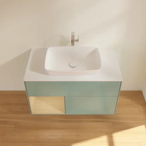 Bild von VILLEROY BOCH Finion Waschbeckenunterschrank, mit Beleuchtung, 2 Auszüge, 1000 x 603 x 501 mm, Olive Matt Lacquer / Oak Veneer / Glass White Matt #F771PCGM