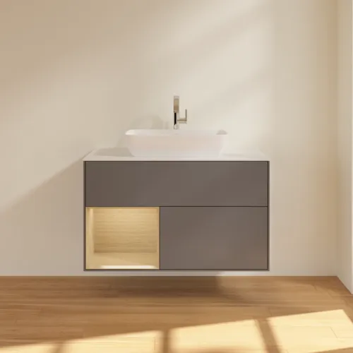 VILLEROY BOCH Finion Waschbeckenunterschrank, mit Beleuchtung, 2 Auszüge, 1000 x 603 x 501 mm, Anthracite Matt Lacquer / Oak Veneer / Glass White Matt #F771PCGK, Bild 3