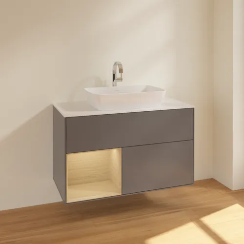 VILLEROY BOCH Finion Waschbeckenunterschrank, mit Beleuchtung, 2 Auszüge, 1000 x 603 x 501 mm, Anthracite Matt Lacquer / Oak Veneer / Glass White Matt #F771PCGK, Bild 2