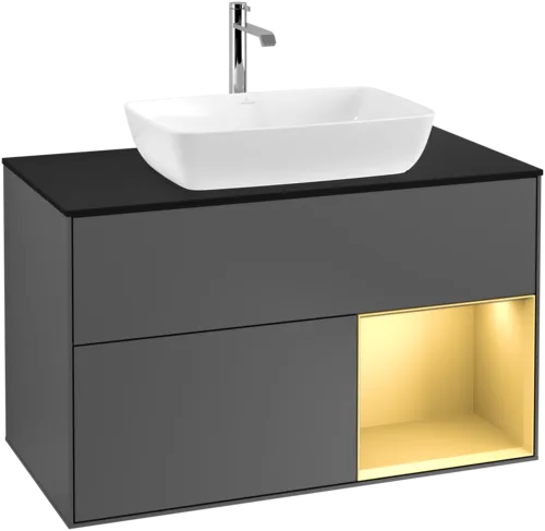 Obrázek VILLEROY BOCH Toaletní skříňka Finion, s osvětlením, 2 výsuvy, 1000 x 603 x 501 mm, antracit matný lak / zlatý matný lak / černé matné sklo #F782HFGK