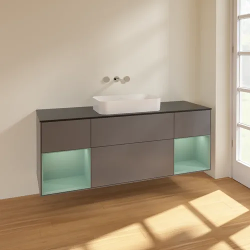 Bild von VILLEROY BOCH Finion Waschbeckenunterschrank, mit Beleuchtung, 4 Auszüge, 1600 x 603 x 501 mm, Anthracite Matt Lacquer / Olive Matt Lacquer / Glass Black Matt #F742GMGK