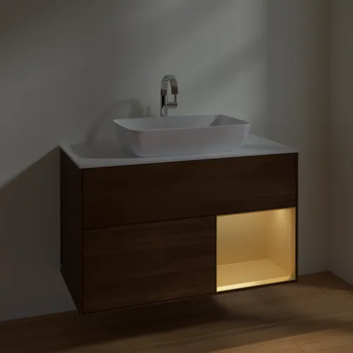 Bild von VILLEROY BOCH Finion Waschbeckenunterschrank, mit Beleuchtung, 2 Auszüge, 1000 x 603 x 501 mm, Walnut Veneer / Gold Matt Lacquer / Glass White Matt #F781HFGN