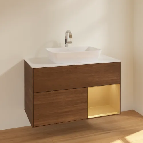 Bild von VILLEROY BOCH Finion Waschbeckenunterschrank, mit Beleuchtung, 2 Auszüge, 1000 x 603 x 501 mm, Walnut Veneer / Gold Matt Lacquer / Glass White Matt #F781HFGN