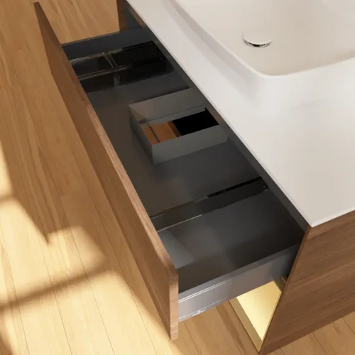 Bild von VILLEROY BOCH Finion Waschbeckenunterschrank, mit Beleuchtung, 2 Auszüge, 1000 x 603 x 501 mm, Walnut Veneer / Gold Matt Lacquer / Glass White Matt #F781HFGN