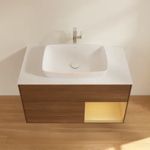 Bild von VILLEROY BOCH Finion Waschbeckenunterschrank, mit Beleuchtung, 2 Auszüge, 1000 x 603 x 501 mm, Walnut Veneer / Gold Matt Lacquer / Glass White Matt #F781HFGN