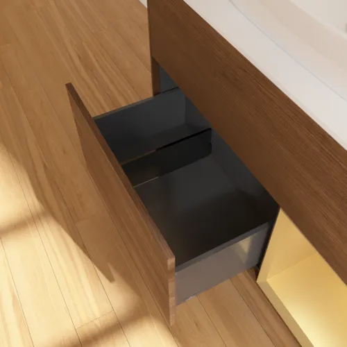 Bild von VILLEROY BOCH Finion Waschbeckenunterschrank, mit Beleuchtung, 2 Auszüge, 1000 x 603 x 501 mm, Walnut Veneer / Gold Matt Lacquer / Glass White Matt #F781HFGN