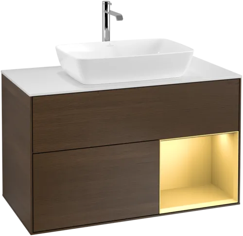 Obrázek VILLEROY BOCH Toaletní stolek Finion, s osvětlením, 2 výsuvy, 1000 x 603 x 501 mm, ořechová dýha / zlatý matný lak / sklo bílé matné #F781HFGN