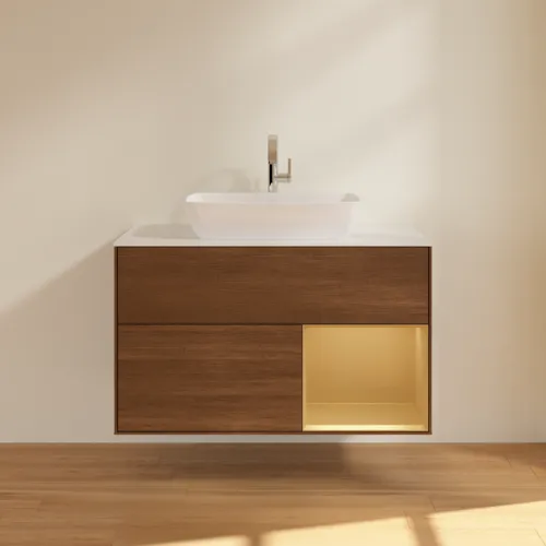 Bild von VILLEROY BOCH Finion Waschbeckenunterschrank, mit Beleuchtung, 2 Auszüge, 1000 x 603 x 501 mm, Walnut Veneer / Gold Matt Lacquer / Glass White Matt #F781HFGN