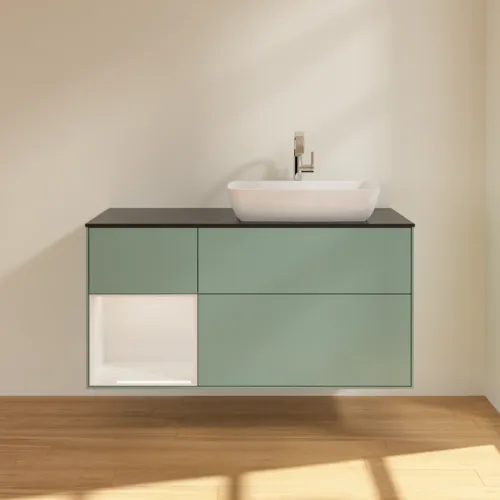 Bild von VILLEROY BOCH Finion Waschbeckenunterschrank, mit Beleuchtung, 3 Auszüge, 1200 x 603 x 501 mm, Olive Matt Lacquer / Glossy White Lacquer / Glass Black Matt #F802GFGM