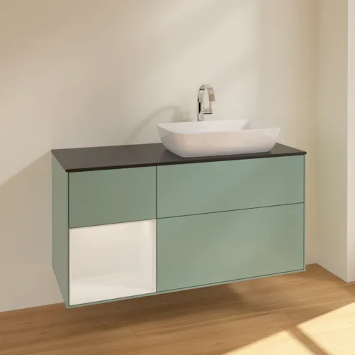 Bild von VILLEROY BOCH Finion Waschbeckenunterschrank, mit Beleuchtung, 3 Auszüge, 1200 x 603 x 501 mm, Olive Matt Lacquer / Glossy White Lacquer / Glass Black Matt #F802GFGM