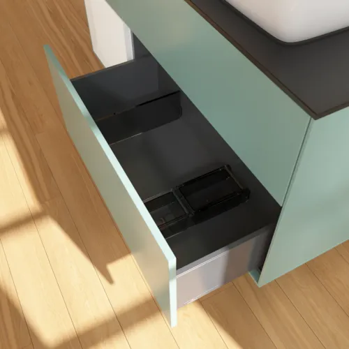 Bild von VILLEROY BOCH Finion Waschbeckenunterschrank, mit Beleuchtung, 3 Auszüge, 1200 x 603 x 501 mm, Olive Matt Lacquer / Glossy White Lacquer / Glass Black Matt #F802GFGM