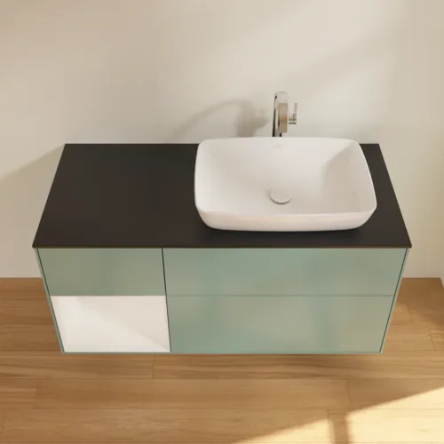 Bild von VILLEROY BOCH Finion Waschbeckenunterschrank, mit Beleuchtung, 3 Auszüge, 1200 x 603 x 501 mm, Olive Matt Lacquer / Glossy White Lacquer / Glass Black Matt #F802GFGM