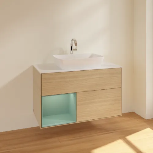 VILLEROY BOCH Finion Waschbeckenunterschrank, mit Beleuchtung, 2 Auszüge, 1000 x 603 x 501 mm, Oak Veneer / Olive Matt Lacquer / Glass White Matt #F771GMPC, Bild 2