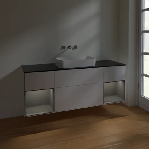 VILLEROY BOCH Finion Waschbeckenunterschrank, mit Beleuchtung, 4 Auszüge, 1600 x 603 x 501 mm, Glossy White Lacquer / Anthracite Matt Lacquer / Glass Black Matt #F742GKGF, Bild 5