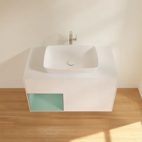 Obrázek VILLEROY BOCH Toaletní skříňka Finion, s osvětlením, 2 výsuvy, 1000 x 603 x 501 mm, bílý matný lak / olivový matný lak / bílé matné sklo #F771GMMT
