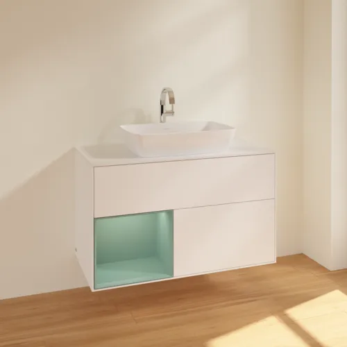 Obrázek VILLEROY BOCH Toaletní skříňka Finion, s osvětlením, 2 výsuvy, 1000 x 603 x 501 mm, bílý matný lak / olivový matný lak / bílé matné sklo #F771GMMT
