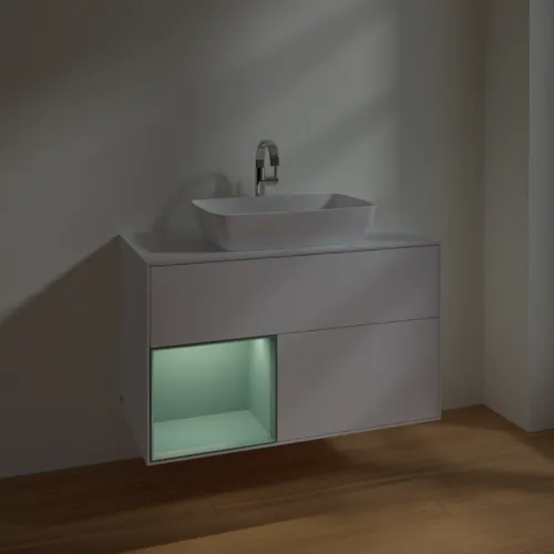 Obrázek VILLEROY BOCH Toaletní skříňka Finion, s osvětlením, 2 výsuvy, 1000 x 603 x 501 mm, bílý matný lak / olivový matný lak / bílé matné sklo #F771GMMT