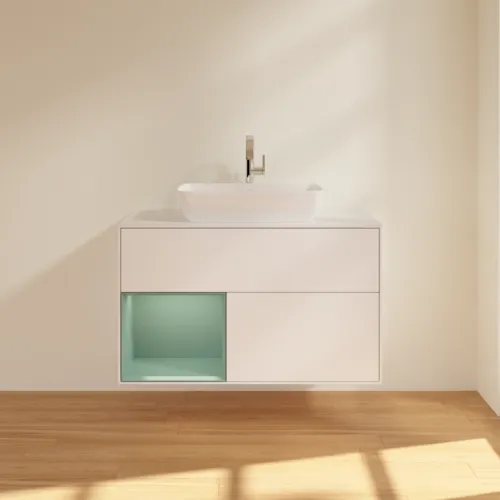 Obrázek VILLEROY BOCH Toaletní skříňka Finion, s osvětlením, 2 výsuvy, 1000 x 603 x 501 mm, bílý matný lak / olivový matný lak / bílé matné sklo #F771GMMT