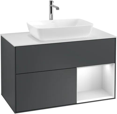 VILLEROY BOCH Finion Vanity unit, with lighting, 2 pull-out compartments, 1000 x 603 x 501 mm, Midnight Blue Matt Lacquer / White Matt Lacquer / Glass White Matt #F781MTHG resmi
