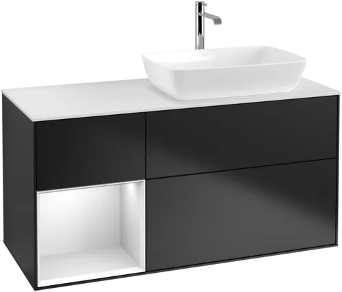 VILLEROY BOCH Finion Vanity unit, with lighting, 3 pull-out compartments, 1200 x 603 x 501 mm, Black Matt Lacquer / White Matt Lacquer / Glass White Matt #F801MTPD resmi