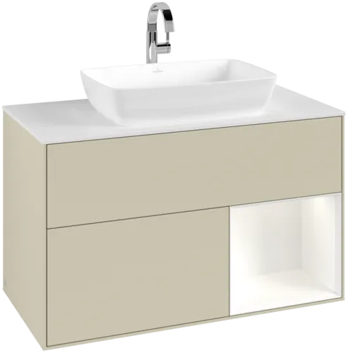 VILLEROY BOCH Finion Vanity unit, with lighting, 2 pull-out compartments, 1000 x 603 x 501 mm, Silk Grey Matt Lacquer / White Matt Lacquer / Glass White Matt #F781MTHJ resmi