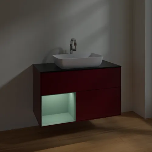 Bild von VILLEROY BOCH Finion Waschbeckenunterschrank, mit Beleuchtung, 2 Auszüge, 1000 x 603 x 501 mm, Peony Matt Lacquer / Olive Matt Lacquer / Glass Black Matt #F772GMHB