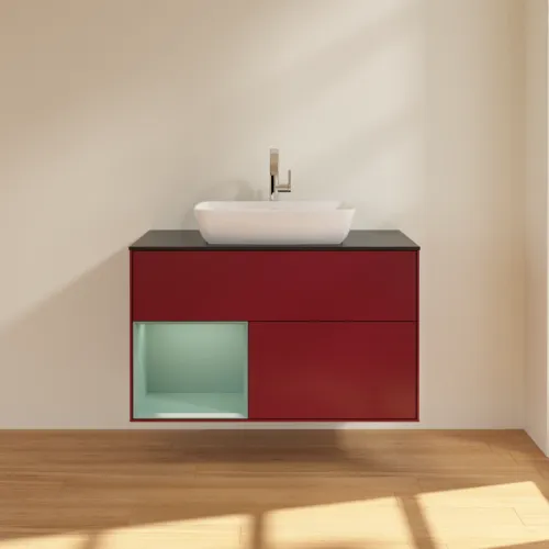 Bild von VILLEROY BOCH Finion Waschbeckenunterschrank, mit Beleuchtung, 2 Auszüge, 1000 x 603 x 501 mm, Peony Matt Lacquer / Olive Matt Lacquer / Glass Black Matt #F772GMHB