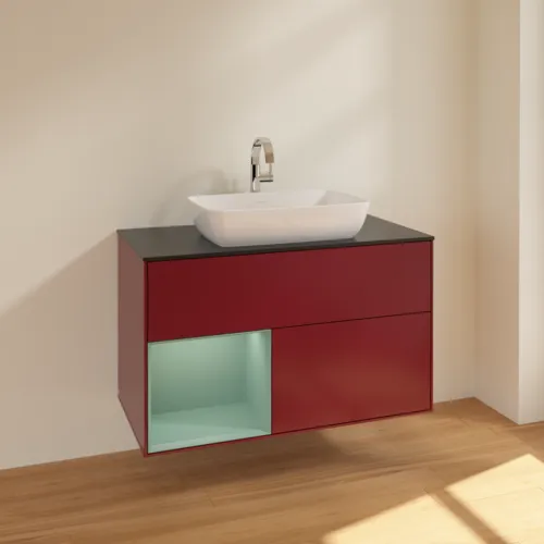 Bild von VILLEROY BOCH Finion Waschbeckenunterschrank, mit Beleuchtung, 2 Auszüge, 1000 x 603 x 501 mm, Peony Matt Lacquer / Olive Matt Lacquer / Glass Black Matt #F772GMHB