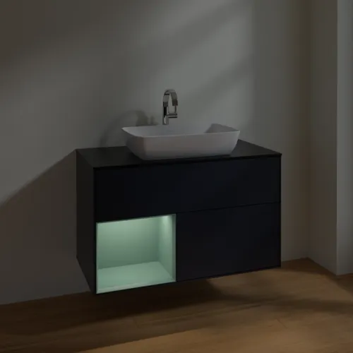 VILLEROY BOCH Finion Waschbeckenunterschrank, mit Beleuchtung, 2 Auszüge, 1000 x 603 x 501 mm, Midnight Blue Matt Lacquer / Olive Matt Lacquer / Glass Black Matt #F772GMHG, Bild 5