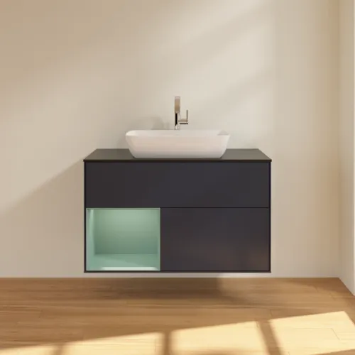 VILLEROY BOCH Finion Waschbeckenunterschrank, mit Beleuchtung, 2 Auszüge, 1000 x 603 x 501 mm, Midnight Blue Matt Lacquer / Olive Matt Lacquer / Glass Black Matt #F772GMHG, Bild 3