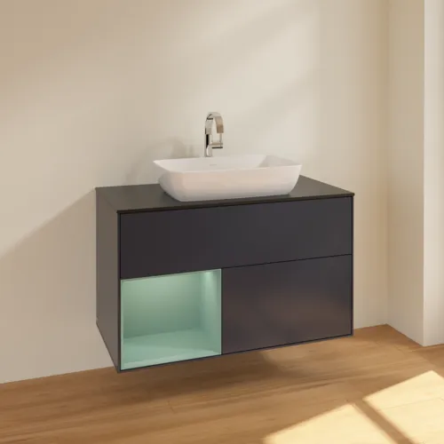 VILLEROY BOCH Finion Waschbeckenunterschrank, mit Beleuchtung, 2 Auszüge, 1000 x 603 x 501 mm, Midnight Blue Matt Lacquer / Olive Matt Lacquer / Glass Black Matt #F772GMHG, Bild 2