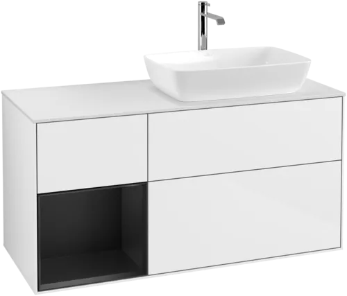 VILLEROY BOCH Finion Vanity unit, with lighting, 3 pull-out compartments, 1200 x 603 x 501 mm, Glossy White Lacquer / Black Matt Lacquer / Glass White Matt #F801PDGF resmi