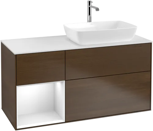 VILLEROY BOCH Finion Vanity unit, with lighting, 3 pull-out compartments, 1200 x 603 x 501 mm, Walnut Veneer / Glossy White Lacquer / Glass White Matt #F801GFGN resmi