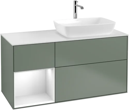 VILLEROY BOCH Finion Vanity unit, with lighting, 3 pull-out compartments, 1200 x 603 x 501 mm, Olive Matt Lacquer / Glossy White Lacquer / Glass White Matt #F801GFGM resmi
