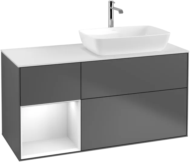 VILLEROY BOCH Finion Vanity unit, with lighting, 3 pull-out compartments, 1200 x 603 x 501 mm, Anthracite Matt Lacquer / Glossy White Lacquer / Glass White Matt #F801GFGK resmi