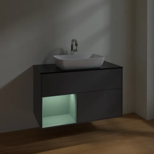 Bild von VILLEROY BOCH Finion Waschbeckenunterschrank, mit Beleuchtung, 2 Auszüge, 1000 x 603 x 501 mm, Anthracite Matt Lacquer / Olive Matt Lacquer / Glass Black Matt #F772GMGK